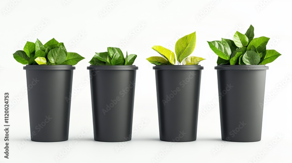Fototapeta premium Four Black Cups With Growing Green Plants