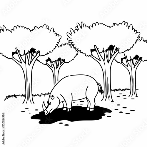 "A babirusa with its unique curving tusks foraging in the muddy forest floor of Sulawesi, under a canopy of towering trees."