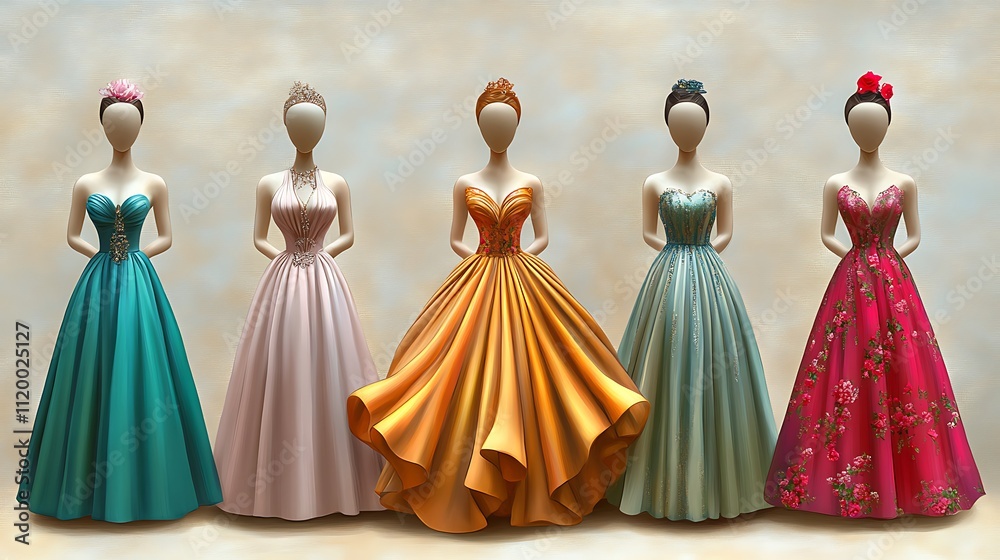 Obraz premium Five elegant ball gowns on mannequins, showcasing various colors and styles.