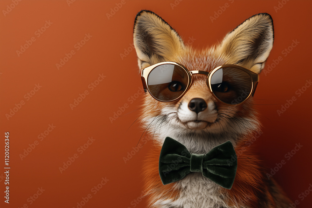 Obraz premium Stylish fox with sunglasses and green bow tie, hipster fashion concept, orange background, trendy animal portrait, modern wildlife art, fashionable accessories, personality and style, chic and bold