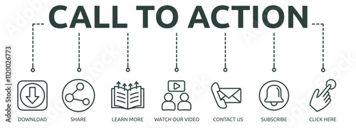 Printcall to action outline banner icon of download, share, learn more, watch our video, contact us, subscribe, click here