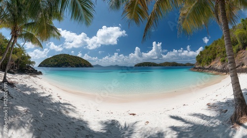 Idyllic tropical beach with white sand, turquoise water, and palm trees.