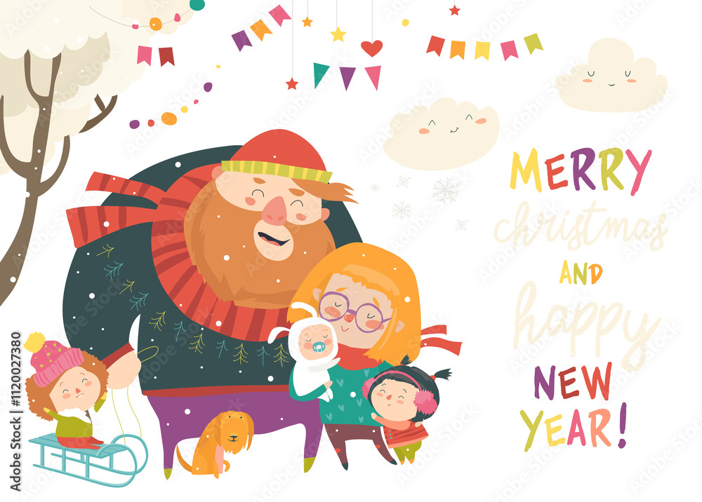 Winter fun. Happy family at winter vacation. Vector greeting card Winter fun. Happy family at winter vacation. Vector greeting card