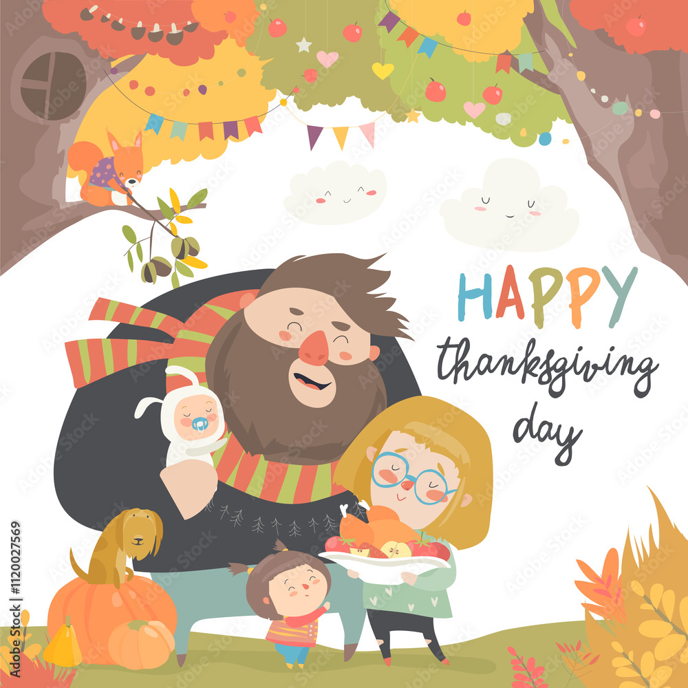 Vector illustration of a cartoon happy family celebrating Thanksgiving Day. Isolated white background Vector illustration of a cartoon happy family celebrating Thanksgiving Day. Isolated white background