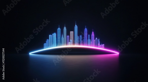 Neon skyline illustration with vibrant colors and a curved base.