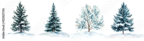 Watercolor winter pine trees in various styles, showcasing their beauty in snowy landscape. Perfect for seasonal decor and nature themed designs