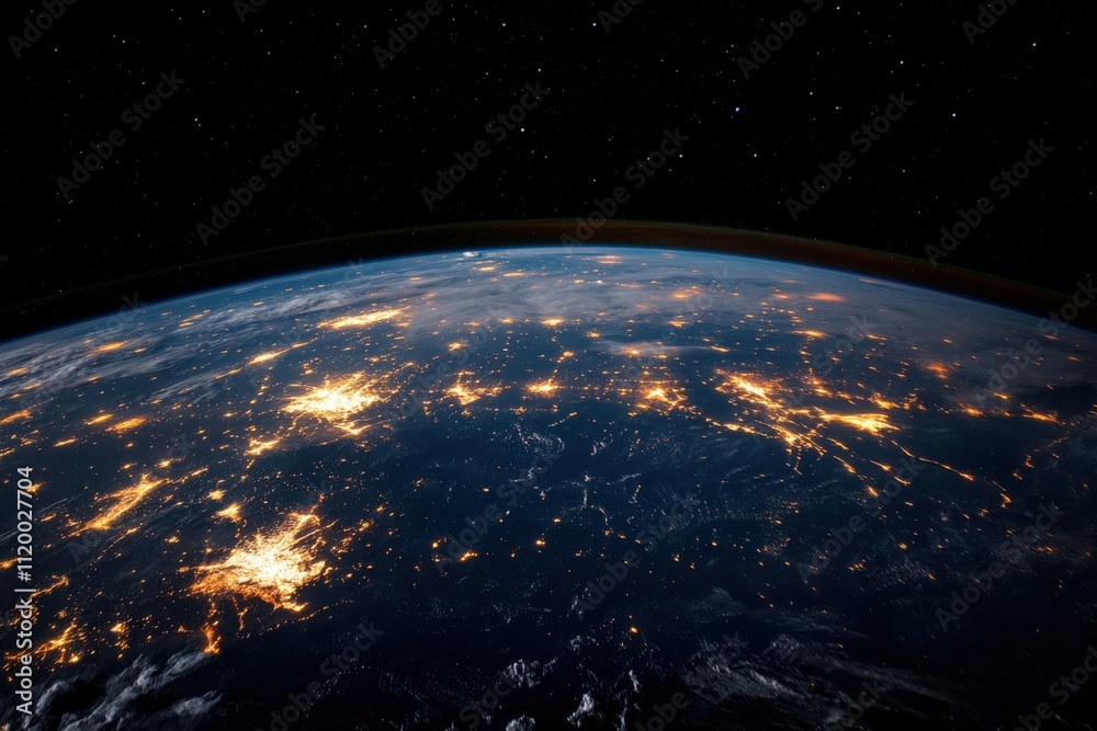 Obraz premium An impressive depiction of Asia at night from space, showcasing the glowing urban lights and the intricate web of connectivity highlighting human achievement.