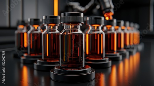 Robotic arm filling amber vials in a high-tech laboratory environmenta photorealistic closeup perspective photo