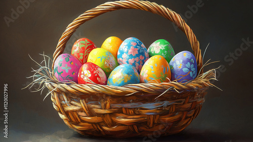 Colorful Easter Eggs in a Woven Basket. A close-up view of a wicker basket filled with vibrantly decorated Easter eggs.