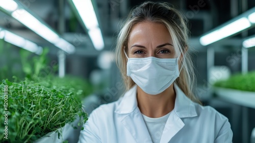 A female scientist with protective mask and eyewear joyfully stands by lush green plants, showcasing the rewarding and fulfilling aspects of scientific careers.