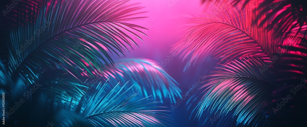 Vibrant Palm Leaves Silhouetted Against a Pink and Blue Gradient Background. Vibrant Palm Leaves Silhouetted Against a Pink and Blue Gradient Background.