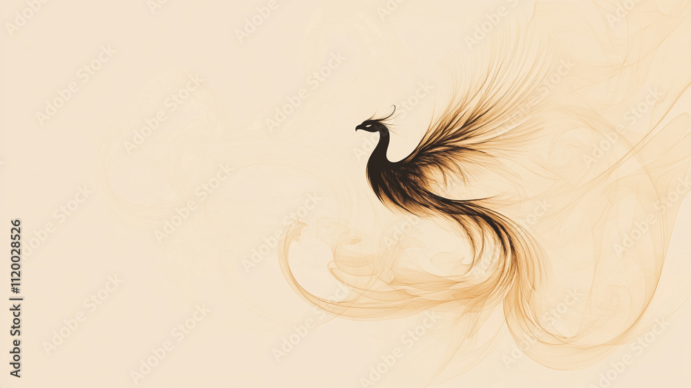 Elegant digital art illustration of phoenix with flowing feathers and soft swirls, symbolizing rebirth and beauty. warm tones create serene atmosphere Elegant digital art illustration of phoenix with flowing feathers and soft swirls, symbolizing rebirth and beauty. warm tones create serene atmosphere