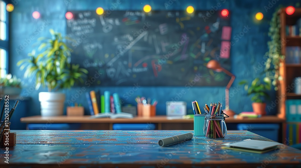 School desk with school accessories and gloss on a school blackboard background in a classroom. School desk with school accessories and gloss on a school blackboard background in a classroom.