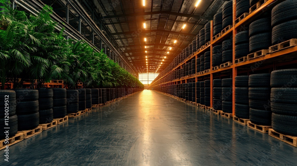 Fototapeta premium Processing of rubber tires in a warehouse industrial facility dynamic graphic clean environment perspective innovative concepts