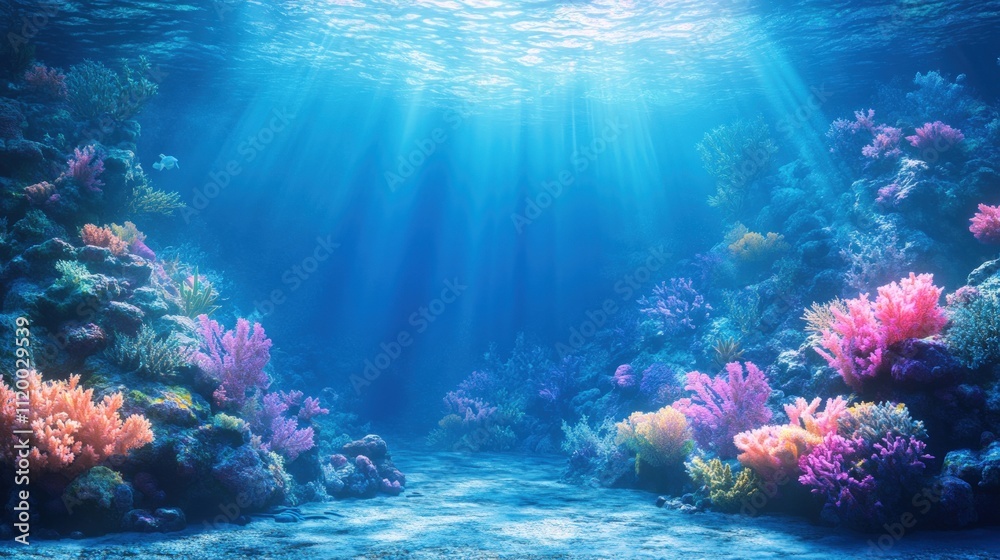 Fototapeta premium Vibrant coral reef underwater scene with sunbeams.
