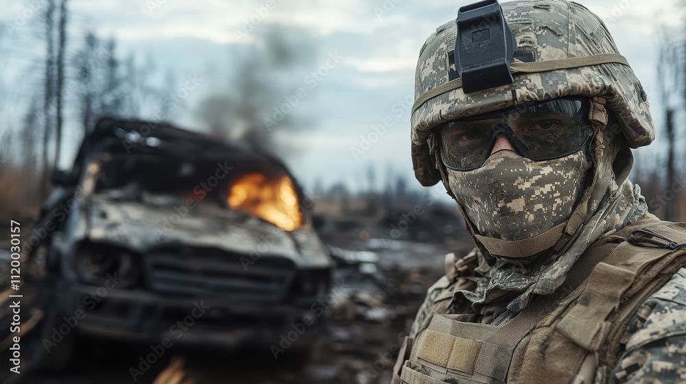 A heavily armed soldier wearing camouflage gear stands before a blazing vehicle, illustrating the intensity of conflict and the harshness of the war environment. A heavily armed soldier wearing camouflage gear stands before a blazing vehicle, illustrating the intensity of conflict and the harshness of the war environment.