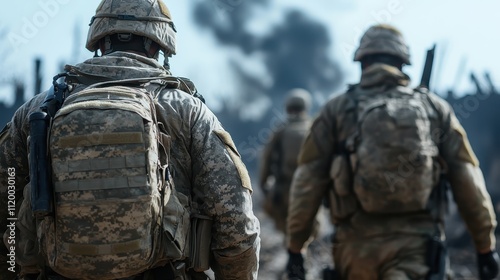 A group of soldiers advances amidst destruction, moving with intent and resolve through wreckage and smoke, showcasing the unyielding spirit of combat.