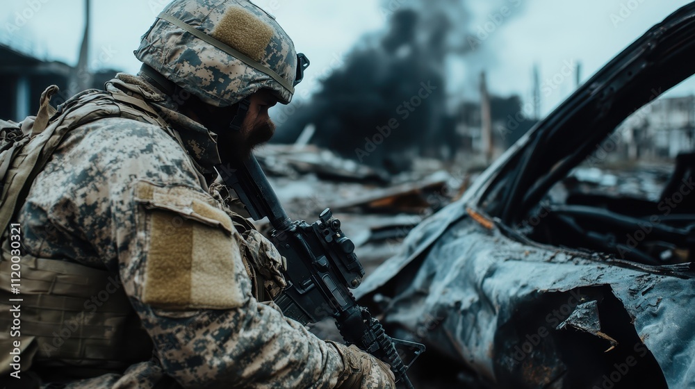 Obraz premium A tactical soldier with a rifle in hand kneels amid war-torn debris, observing destruction with smoke in the backdrop, evoking vigilance and perseverance.