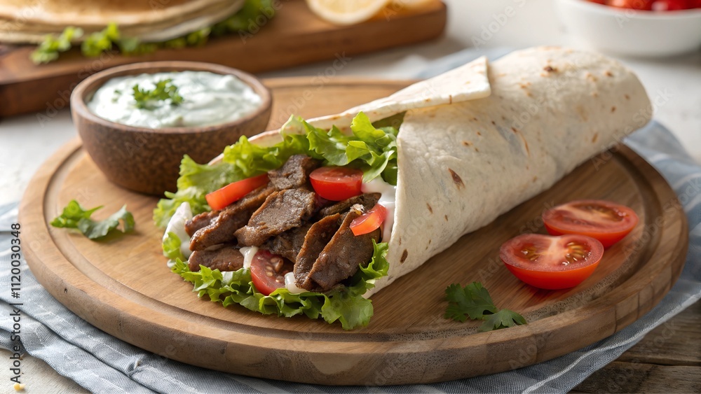 Doner kebab wrap with vegetables and yogurt sauce on a wooden plate Doner kebab wrap with vegetables and yogurt sauce on a wooden plate
