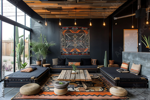 southwestern interior design, the eclectic southwestern living room features mesquite wood, jute rugs, and vibrant tapestries for a warm, sophisticated vibe