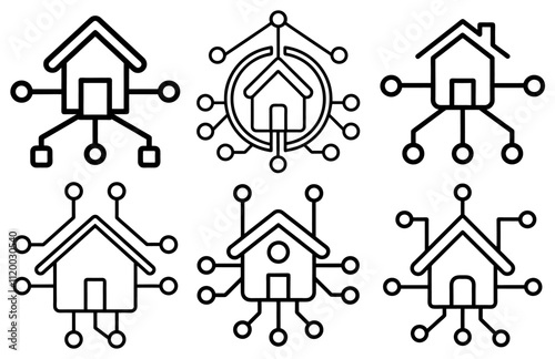 Six black and white icons represent smart home technology, integrating various devices and systems for enhanced control, convenience, and efficiency