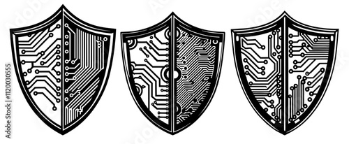 Set of three shields with electronic circuit patterns symbolizing cybersecurity, data protection, and technological advancements in safeguarding digital information