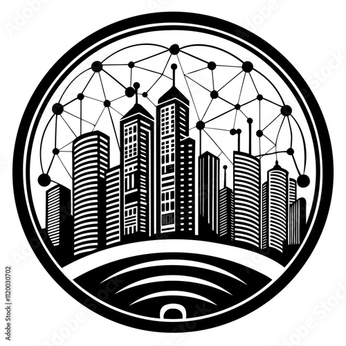 Modern cityscape with interconnected buildings forming a smart city, symbolizing technological advancement, automation, and integration within a circular network