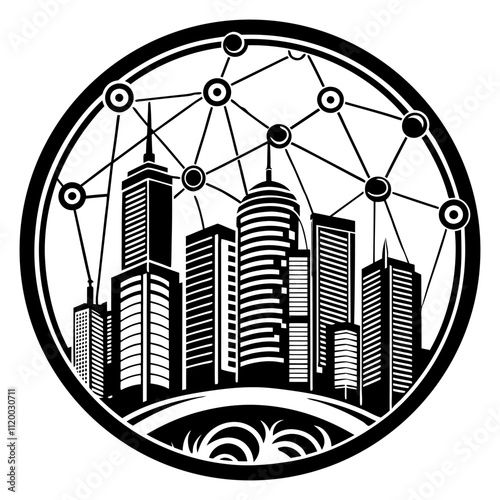 Modern cityscape with interconnected buildings forming a smart city, symbolizing technological advancement, automation, and integration within a circular network