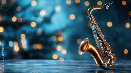 A shiny alto saxophone stands out prominently against a blurred, abstract background, emphasizing the instrument's elegant design and brass finish.