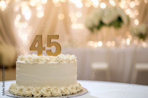 45th birthday cake adorned a gold accents. Birthday party. Blurred light festive background. Golden balloons. Forty five years, Forty-fifth anniversary. Celebration cake, golden candles. Numbers 45 photo