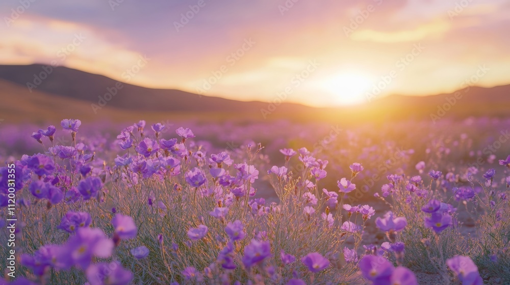 Obraz premium A Beautiful Sunset Over a Field of Purple Flowers in Bloom