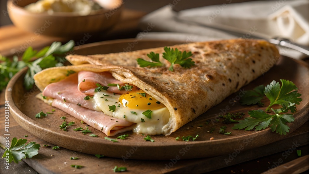 Buckwheat crepes filled with ham, cheese, and herbs, served on a wooden plate