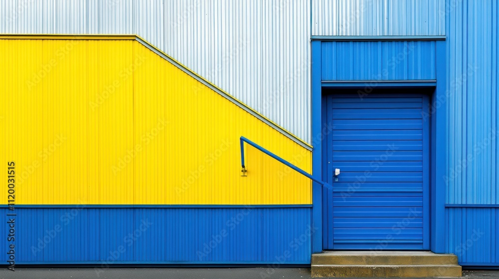Blue and yellow building exterior with door and stairs.