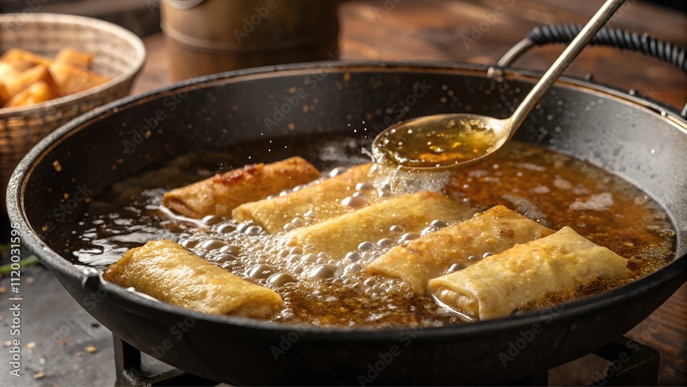 Briouats frying in hot oil in a skillet with bubbling texture and steam rising Briouats frying in hot oil in a skillet with bubbling texture and steam rising