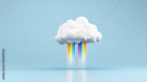 A whimsical cloud raining colorful rainbows on a blue background.