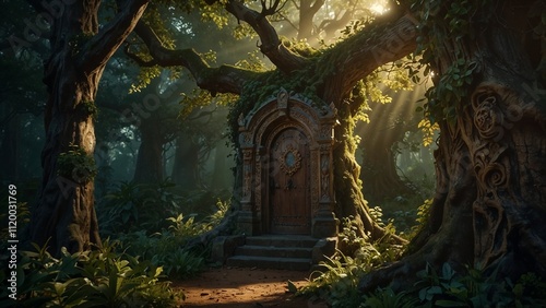 Majestic wooden door with intricate carvings embedded in an ancient, moss-covered tree within a mystical forest, illuminated by golden sunlight filtering through dense foliage