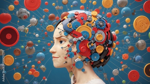 Surreal portrait of a woman with a mechanical head made of colorful gears and buttons, symbolizing artificial intelligence and creativity.