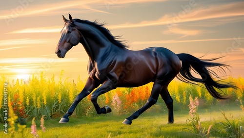 Graceful Horse Running with Flowing Mane, generative AI