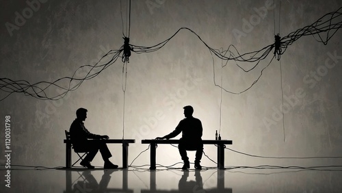Silhouettes of two men sitting at separate tables in a dimly lit industrial setting with tangled electrical wires overhead.