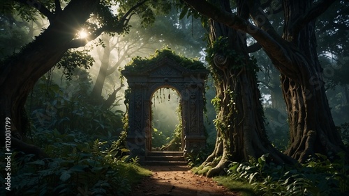 Ancient stone archway covered in vines standing in a mystical forest, illuminated by golden sunlight filtering through the dense canopy