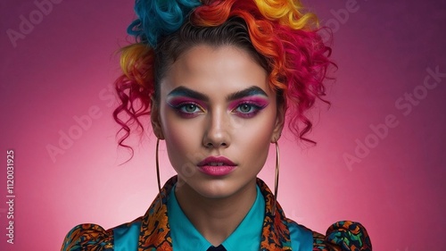 Stylish woman with vibrant rainbow curls and bold makeup posing against a pink gradient background, expressing individuality and creativity