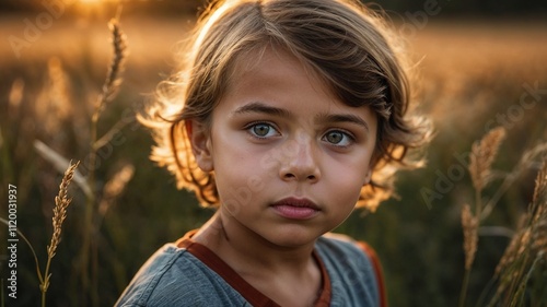 Close-up portrait of a young boy with blue-green eyes standing in a golden wheat field, illuminated by warm sunlight at golden hour