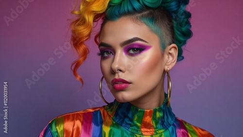 Confident woman with vibrant rainbow hair, bold makeup, and a colorful striped outfit posing against a purple gradient background.