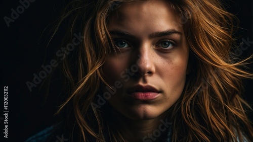 Intense close-up portrait of a young woman with piercing blue eyes and tousled auburn hair, gazing seriously into the camera against a dark moody background