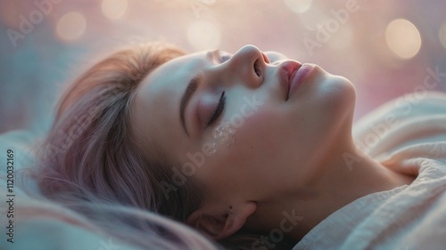 Close-up portrait of a serene young woman with pastel hair and delicate shimmering tears, lying down with soft glowing bokeh in the background.