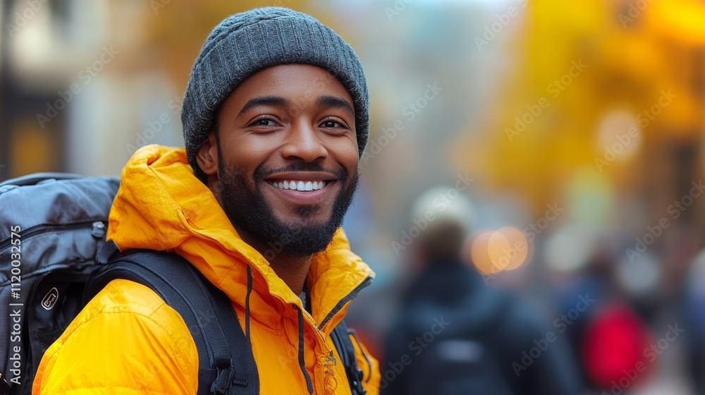 A cheerful man wearing a bright yellow jacket and a beanie enjoys a sunny day in a busy urban area