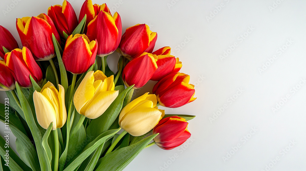 Bouquet of red and yellow tulips on white background, showcasing vibrant colors and fresh blooms, perfect for spring celebrations and floral arrangements Bouquet of red and yellow tulips on white background, showcasing vibrant colors and fresh blooms, perfect for spring celebrations and floral arrangements