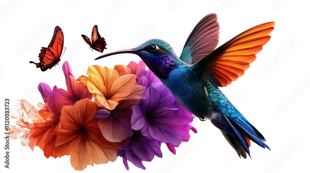 Hummingbird in Flight Amidst Vibrant Flowers and Butterflies Hummingbird in Flight Amidst Vibrant Flowers and Butterflies