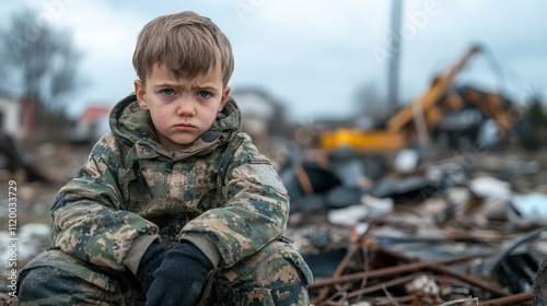 A child dressed in camouflage kneels in a stark industrial setting, surrounded by damaged and abandoned materials, reflecting the strength of survival instincts.