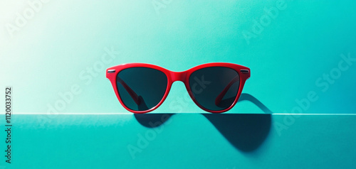 Bright red sunglasses on turquoise background create striking visual contrast. playful design and vibrant colors evoke sense of summer fun and style